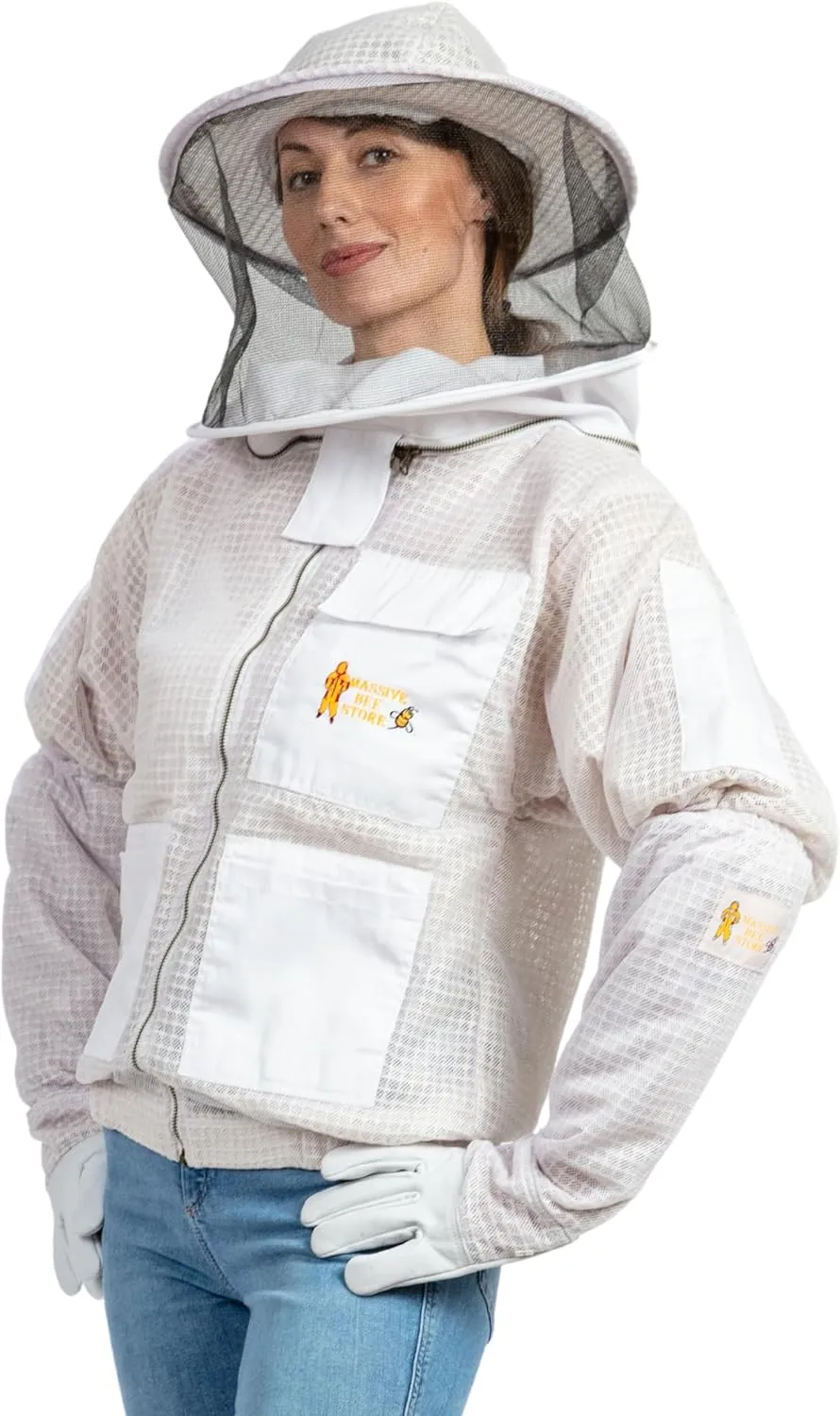 -- Beekeeping Fully Ventilated Jacket in Multi-Color with Round Veil (3XL, White)