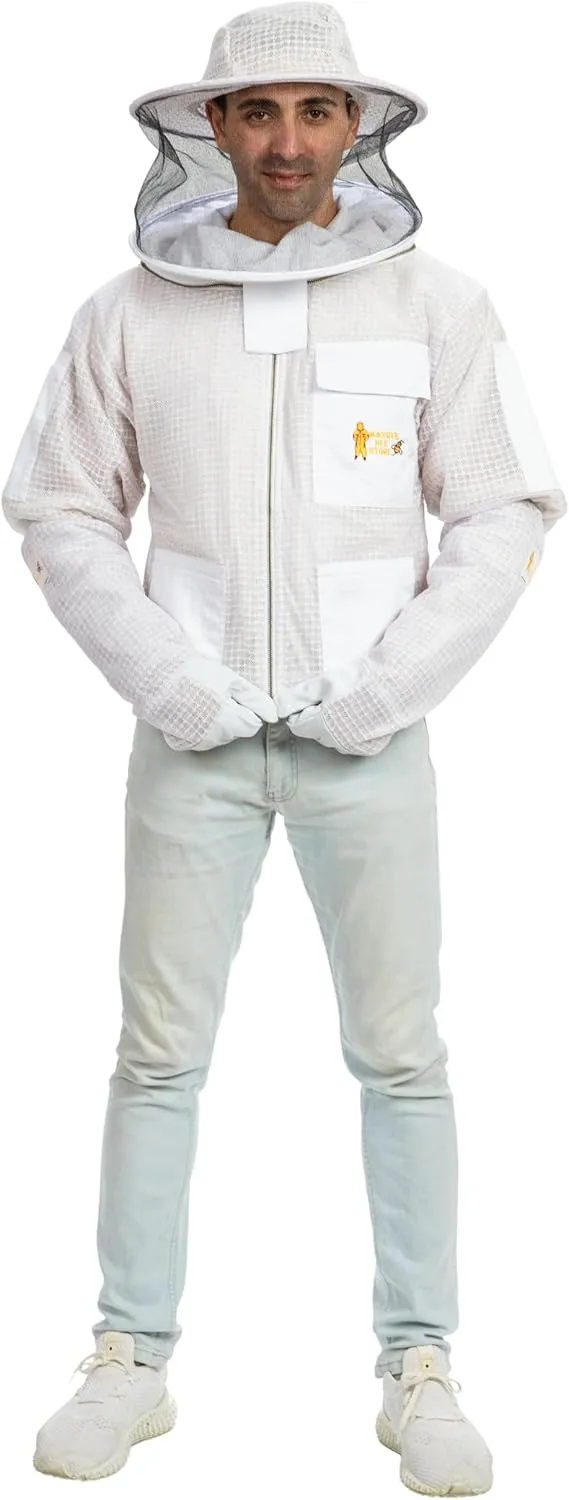 -- Beekeeping Fully Ventilated Jacket in Multi-Color with Round Veil (3XL, White)