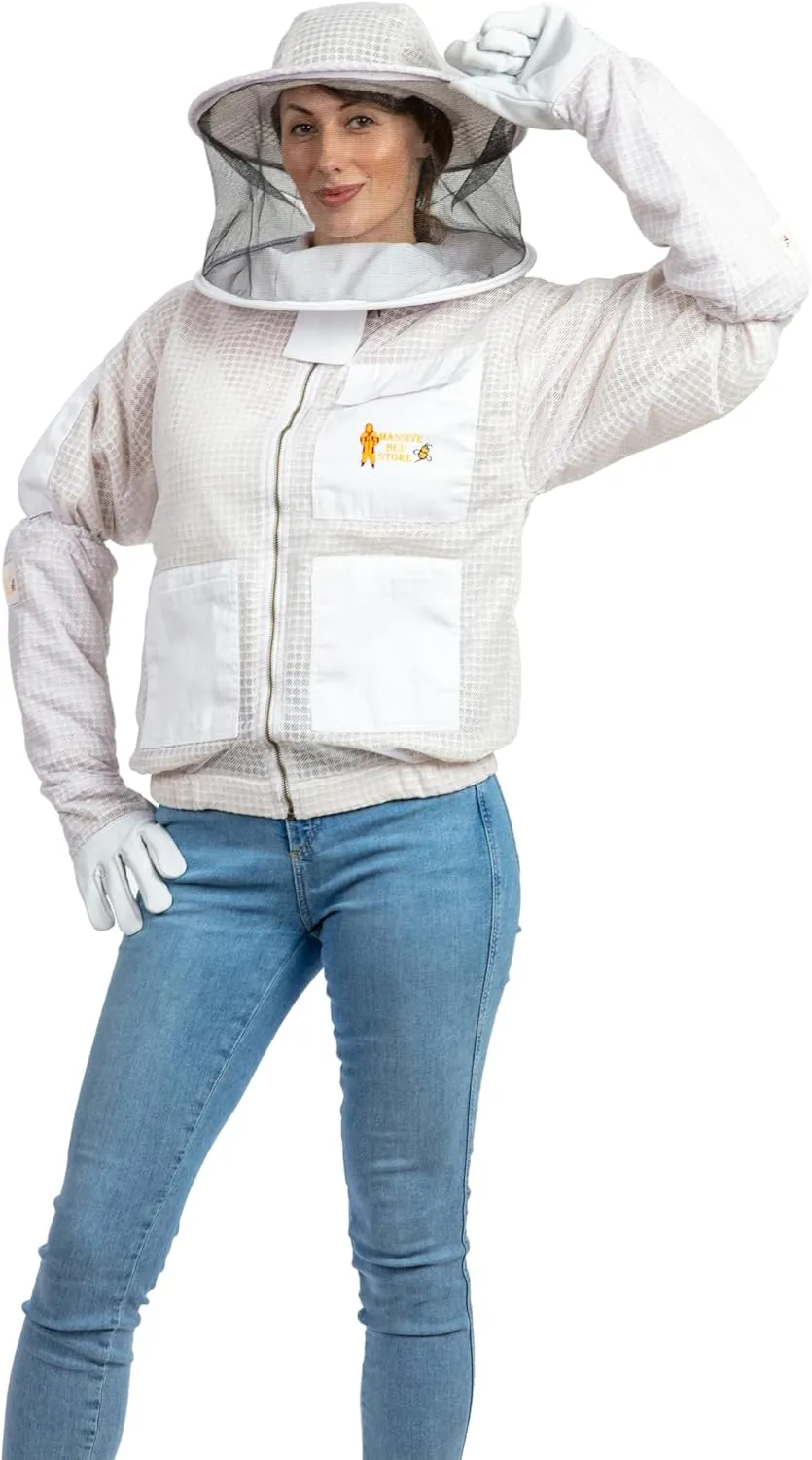 -- Beekeeping Fully Ventilated Jacket in Multi-Color with Round Veil (3XL, White)