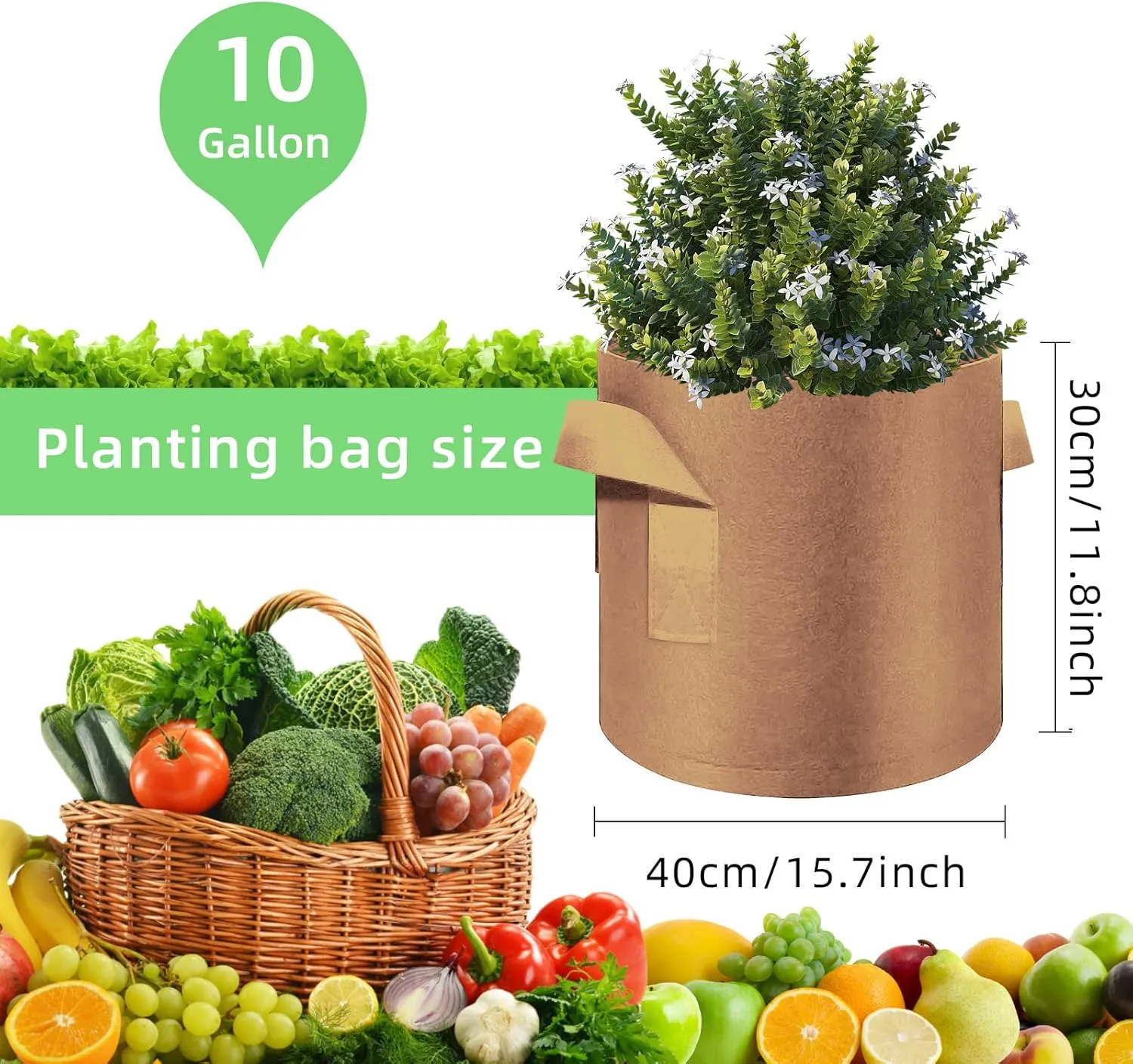 10 Gallon Garden Grow Bags, 30 Pack 10 Gal Planter Bags Fabric Pot, Nonwoven Grow Pots Heavy Duty Aeration Fabric Pots with Handles, Garden Fabric Planters for Vegetables Flowers (Brown)