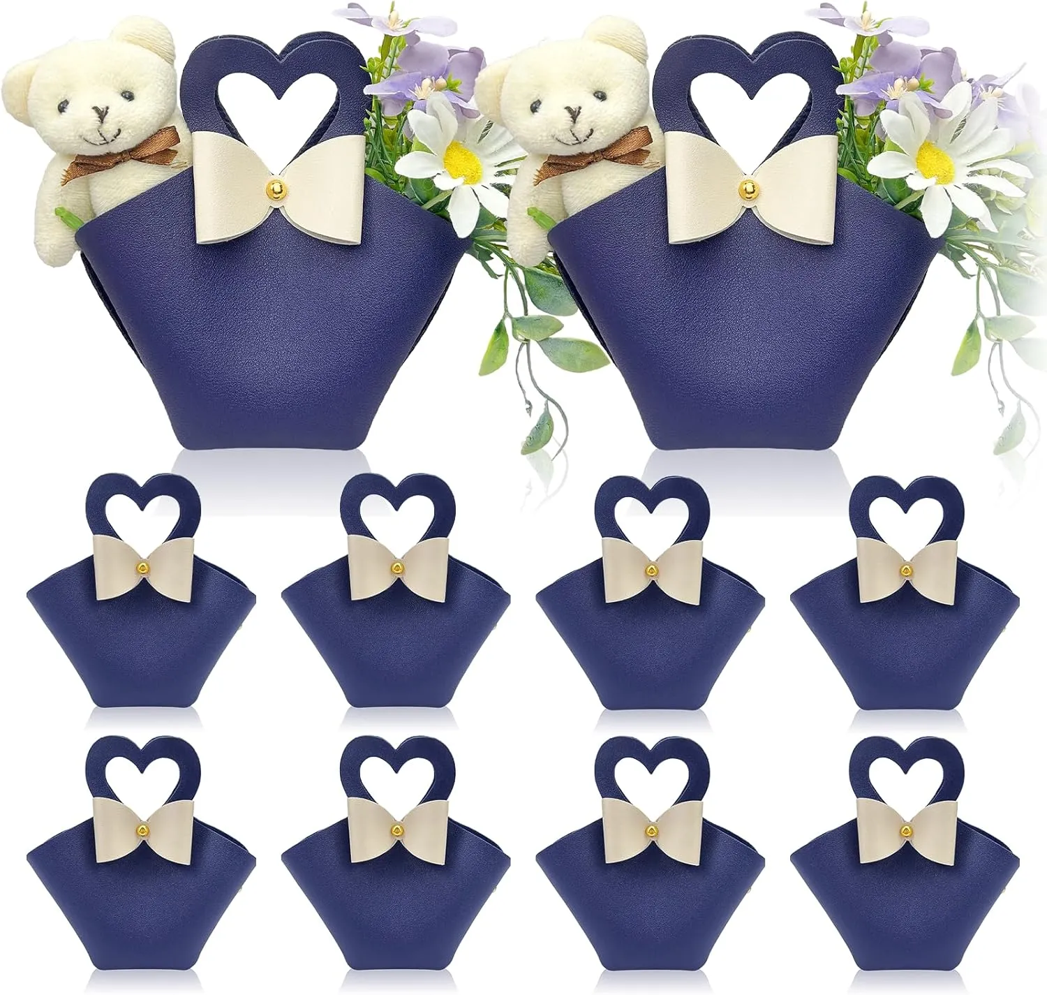 10 pack Mini PU Leather Gift Boxes with Handle, Reusable Small Party Favor Box Mini Handbag Gift Bags for Wedding Bridal Shower Baptism Baby Shower Birthday Party Decoration Supplies Navy blue
