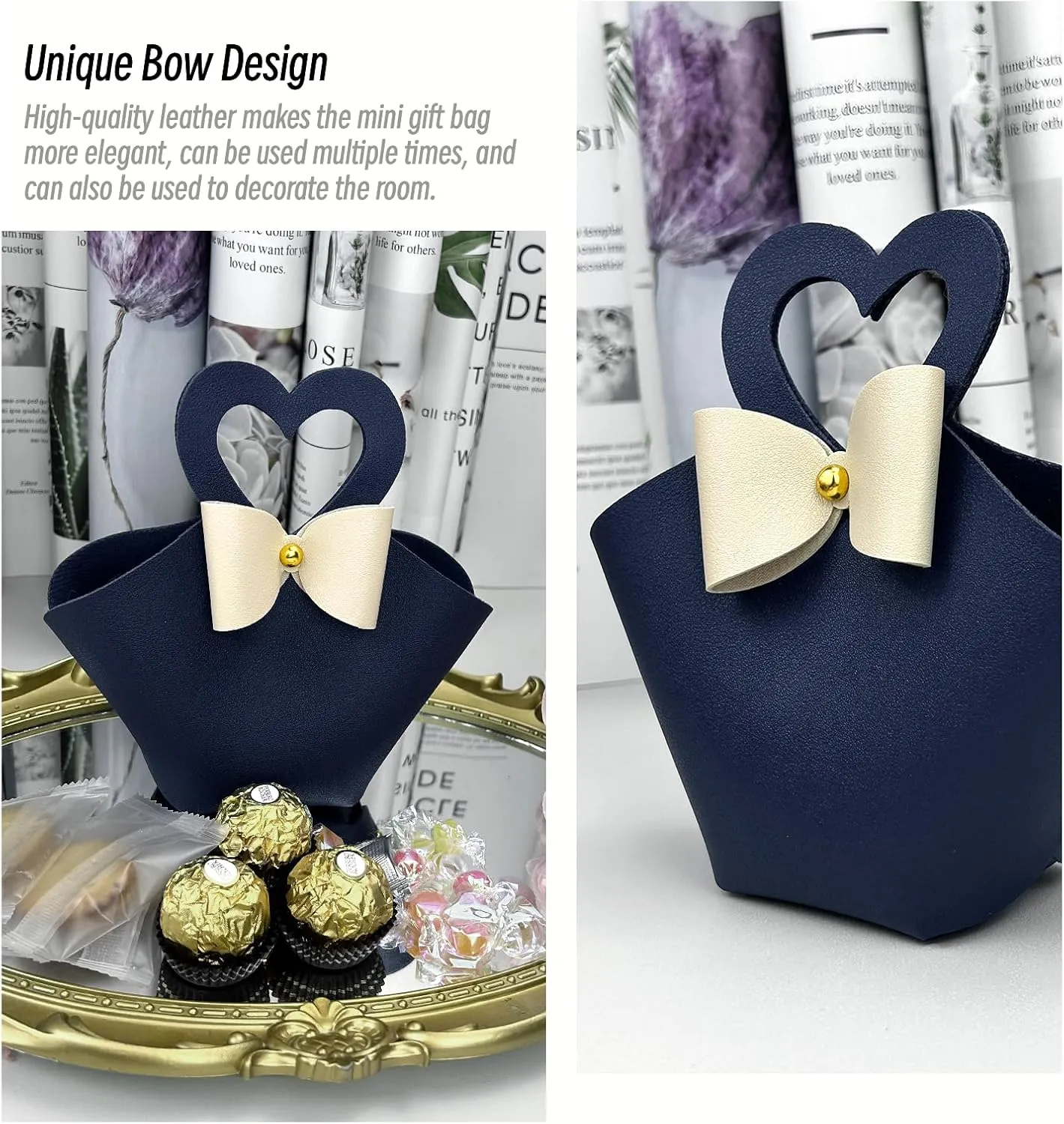10 pack Mini PU Leather Gift Boxes with Handle, Reusable Small Party Favor Box Mini Handbag Gift Bags for Wedding Bridal Shower Baptism Baby Shower Birthday Party Decoration Supplies Navy blue