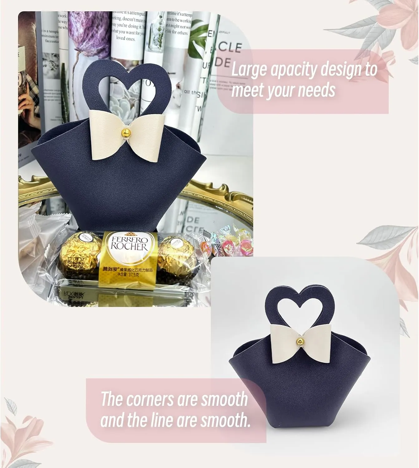 10 pack Mini PU Leather Gift Boxes with Handle, Reusable Small Party Favor Box Mini Handbag Gift Bags for Wedding Bridal Shower Baptism Baby Shower Birthday Party Decoration Supplies Navy blue