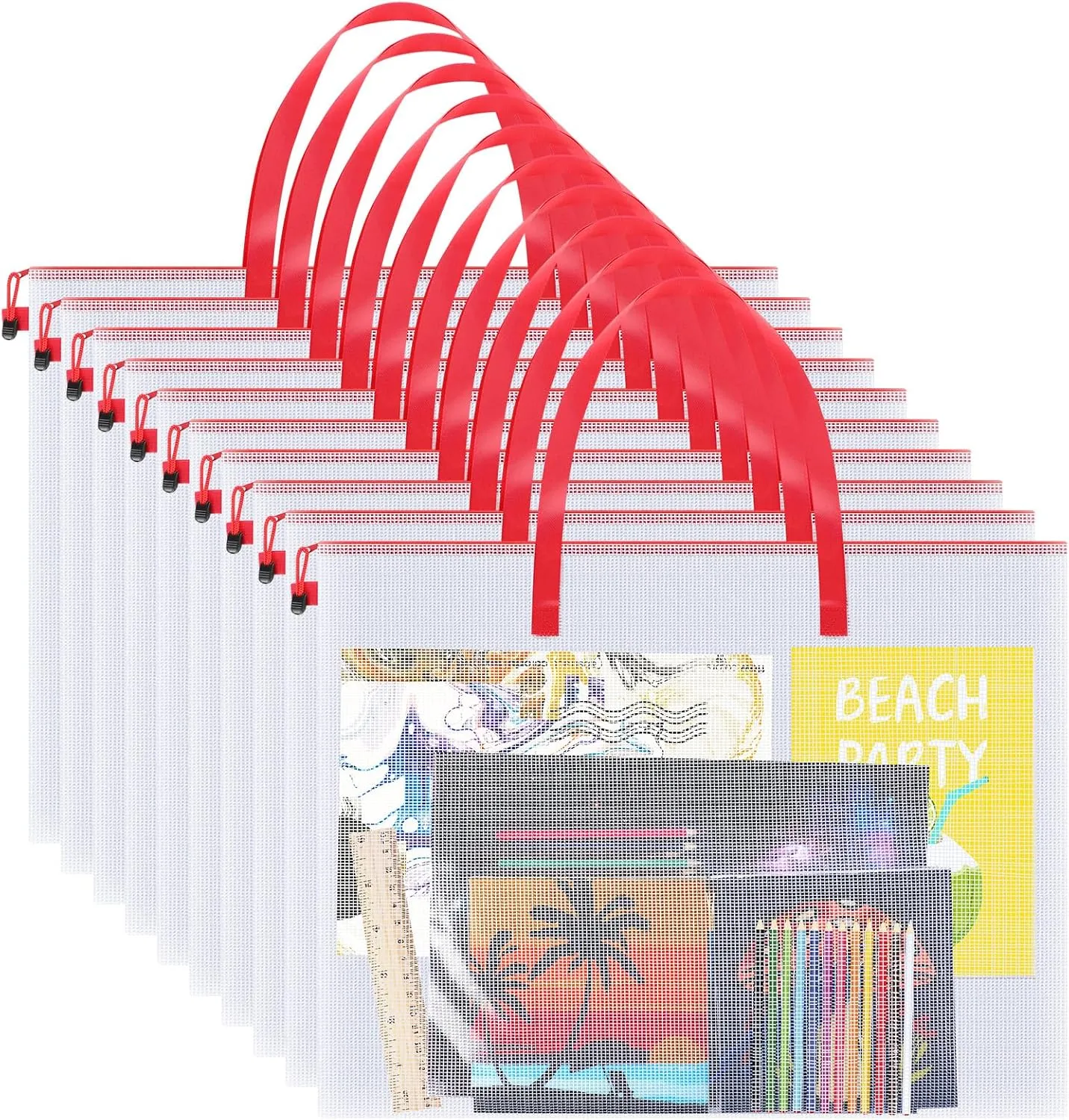 10 Pcs 19x25 Inch Art Portfolio Bag Bulk with Zipper and Handle. Transparent White Bags for Artworks, Posters, Bulletin Boards, and Paintings. Perfect for Art, Back to School, and Storage(Red)