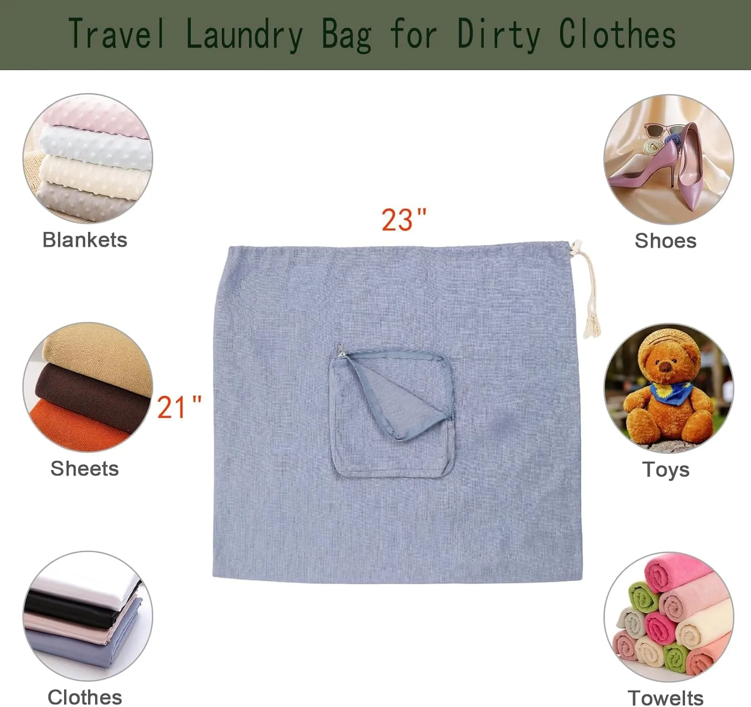 100% Linen 21 * 23inches Travel Laundry Bag for Dirty Clothes with Front Pocket Wet Wash Bag for Baby Kids Underwear Suitcase Luggage Baby Strap to Stroller Compression Necessities, Denim