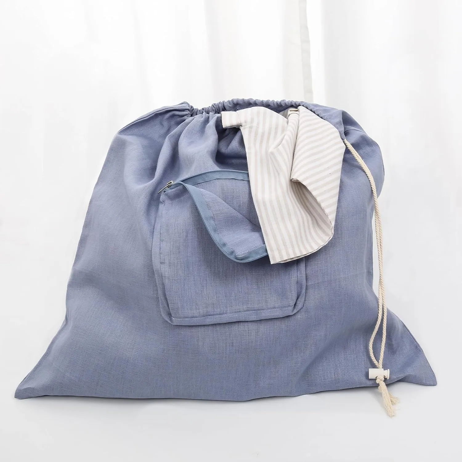 100% Linen 21 * 23inches Travel Laundry Bag for Dirty Clothes with Front Pocket Wet Wash Bag for Baby Kids Underwear Suitcase Luggage Baby Strap to Stroller Compression Necessities, Denim