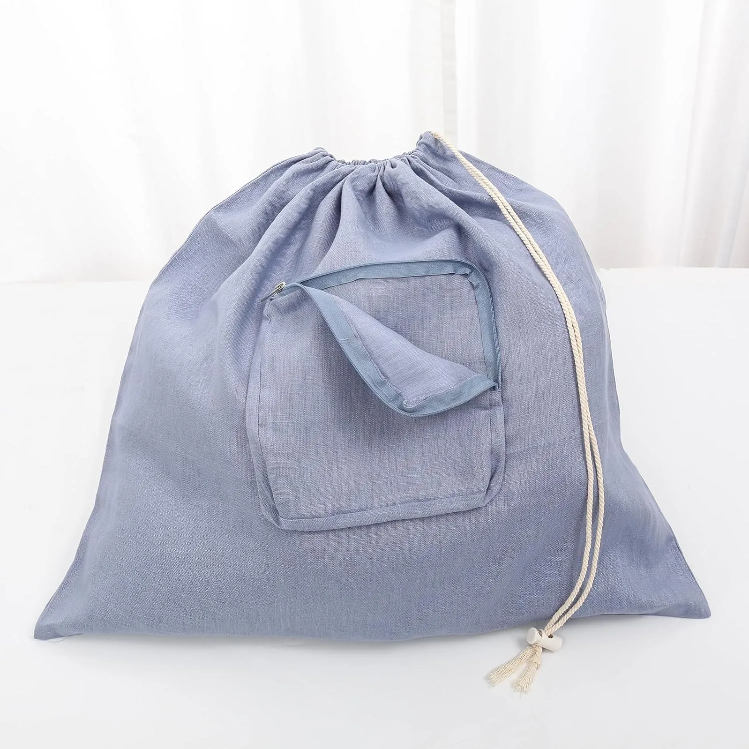 100% Linen 21 * 23inches Travel Laundry Bag for Dirty Clothes with Front Pocket Wet Wash Bag for Baby Kids Underwear Suitcase Luggage Baby Strap to Stroller Compression Necessities, Denim