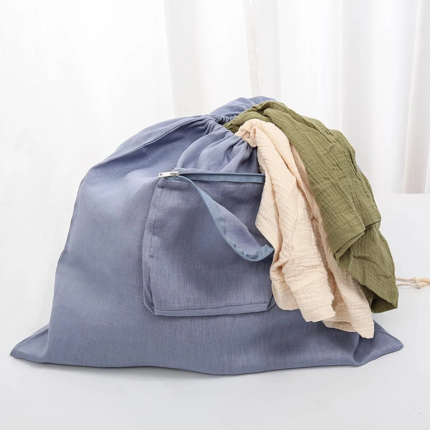 100% Linen 21 * 23inches Travel Laundry Bag for Dirty Clothes with Front Pocket Wet Wash Bag for Baby Kids Underwear Suitcase Luggage Baby Strap to Stroller Compression Necessities, Denim