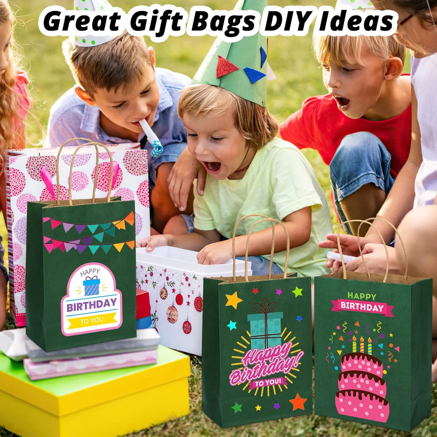100 Pack 5.9x3.15x8.26 inch Small Green Gift Bags, Kraft Bags with Handles Bulk for Birthday Party Favors,Gift Paper Bags,Retail Shopping Business Goody Craft Gift Bags