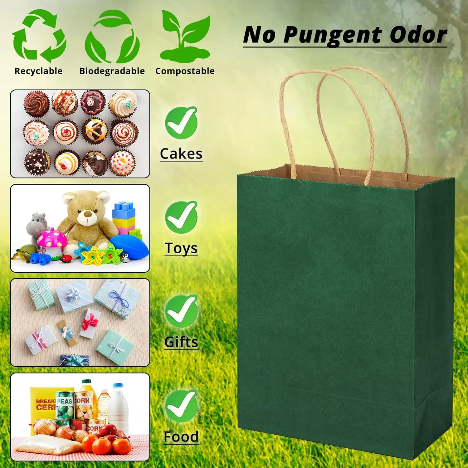 100 Pack 5.9x3.15x8.26 inch Small Green Gift Bags, Kraft Bags with Handles Bulk for Birthday Party Favors,Gift Paper Bags,Retail Shopping Business Goody Craft Gift Bags