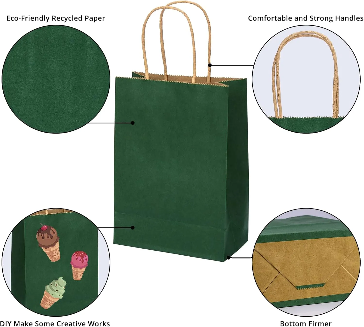 100 Pack 5.9x3.15x8.26 inch Small Green Gift Bags, Kraft Bags with Handles Bulk for Birthday Party Favors,Gift Paper Bags,Retail Shopping Business Goody Craft Gift Bags
