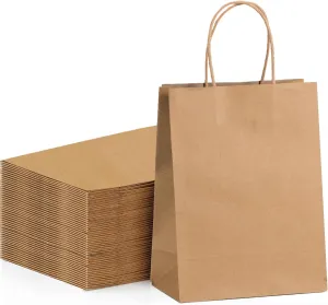 100-Pack Brown Paper Bags with Handles, 8x4.25x10.5 Inch Kraft Gift Bags, Applicable to Birthday, Retail, Party, Shopping, Festival, Reusable & Durable