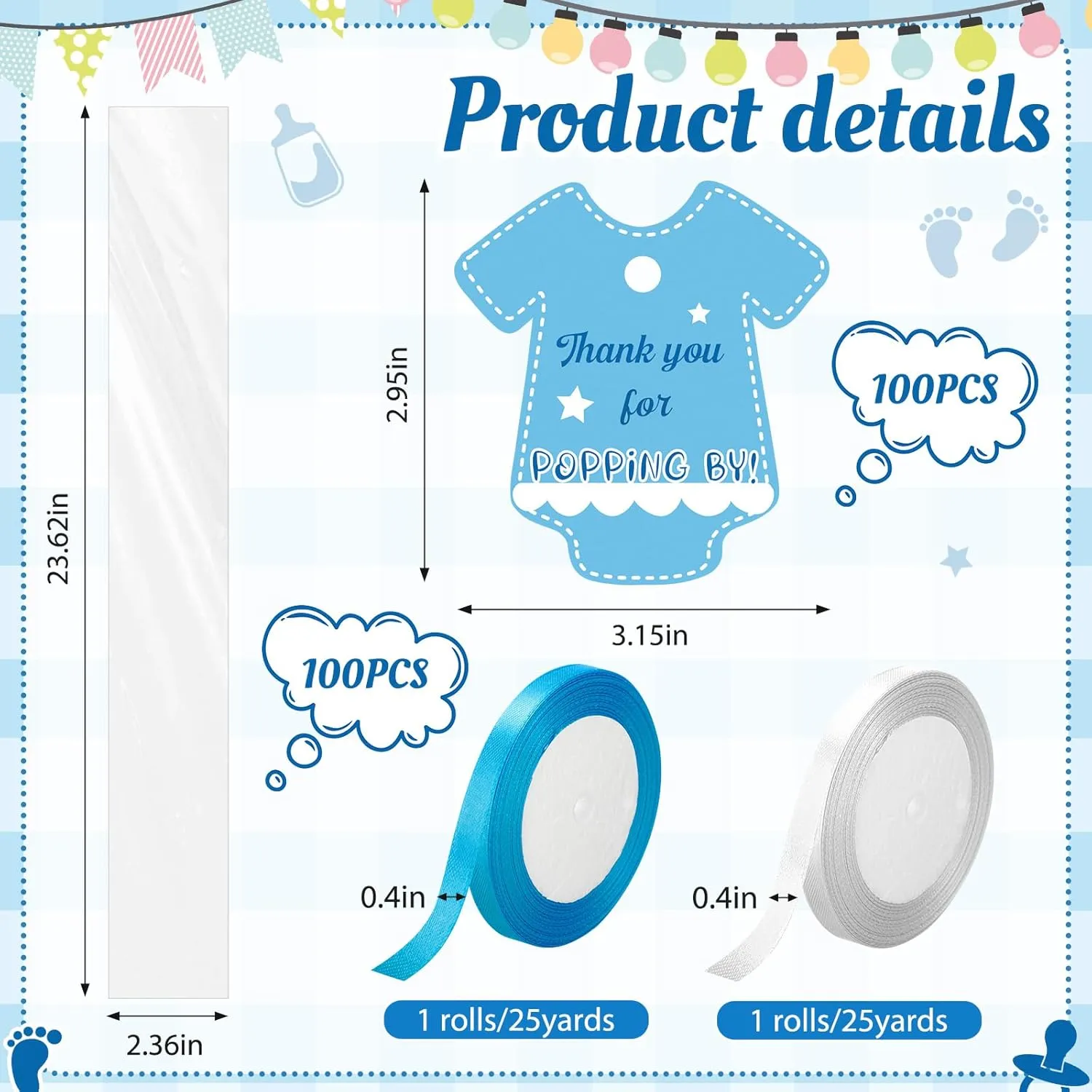100 Pcs 2x23 Inch Baby Shower Clear Plastic Cellophane Bags Pretzel Bags with 100 Postcards and 2 Rolls of Ribbon for Party Favors Chocolate Candy Treat(Blue)