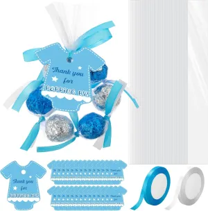 100 Pcs 2x23 Inch Baby Shower Clear Plastic Cellophane Bags Pretzel Bags with 100 Postcards and 2 Rolls of Ribbon for Party Favors Chocolate Candy Treat(Blue)
