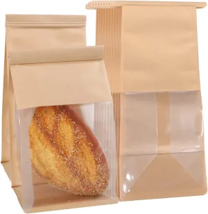 100 Pcs Bakery Bags with Window, 5.11 x 11 x 4.33 Inch Brown Kraft Paper Tin Tie Tab Lock Candy Bags Brown Window Bag, Small Kraft Paper Bag for Coffee Food Candy Gift Packaging Party