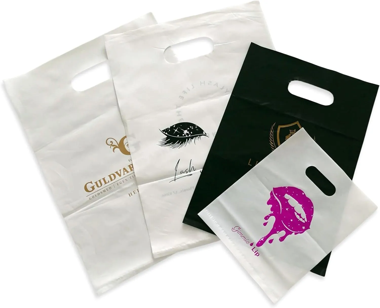 100 SALIFECO Custom Plastic Bags with Logo, 2.36Mil Personalized Shopping Bags with Die Cut Handles, Glossy Gift Bags for Small Business, Boutique, Retail, Trade Shows, Events, Parties (12x16In)