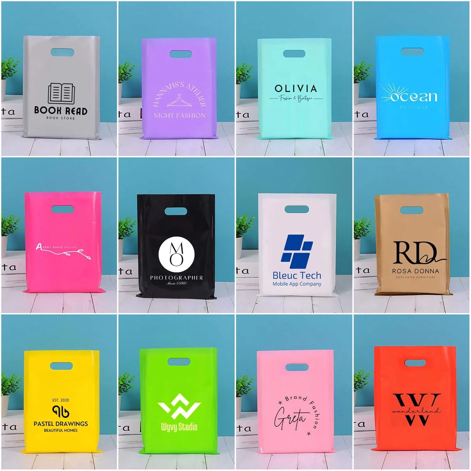 100 SALIFECO Custom Plastic Bags with Logo, 2.36Mil Personalized Shopping Bags with Die Cut Handles, Glossy Gift Bags for Small Business, Boutique, Retail, Trade Shows, Events, Parties (12x16In)