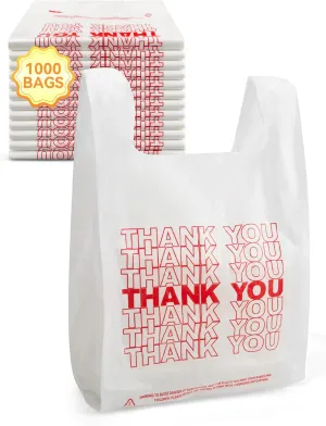1000 Count Thank You Plastic Bags with Handles, 12" x 6" x 22", 14 Mic White Grocery Bags - Ideal for Grocery Stores, Retail, Restaurants, and Takeout