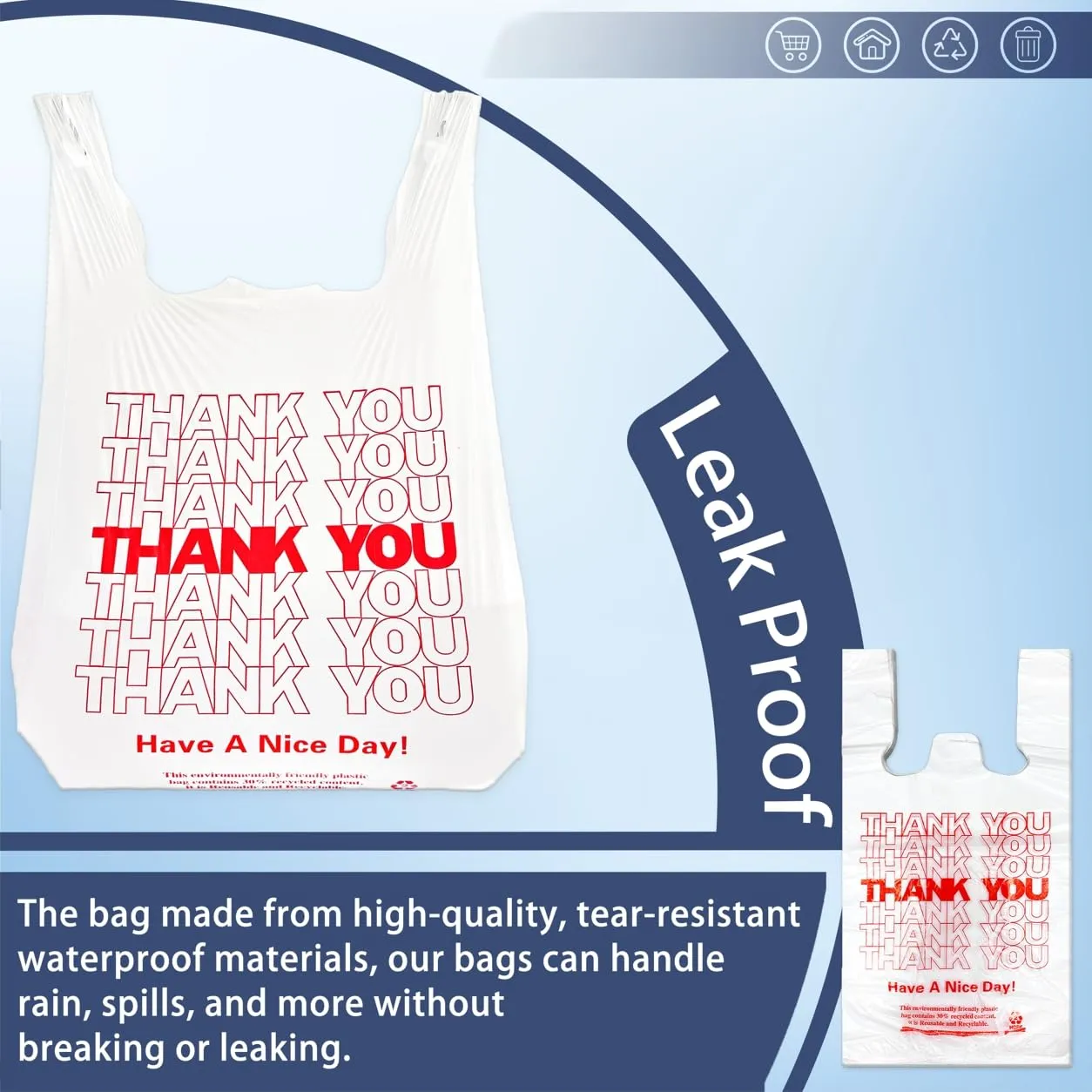 1000 Count White Disposable Thank You Bags with Handles - 11''x6''x21'' Plastic Carry Bags for Retail/Supermarket