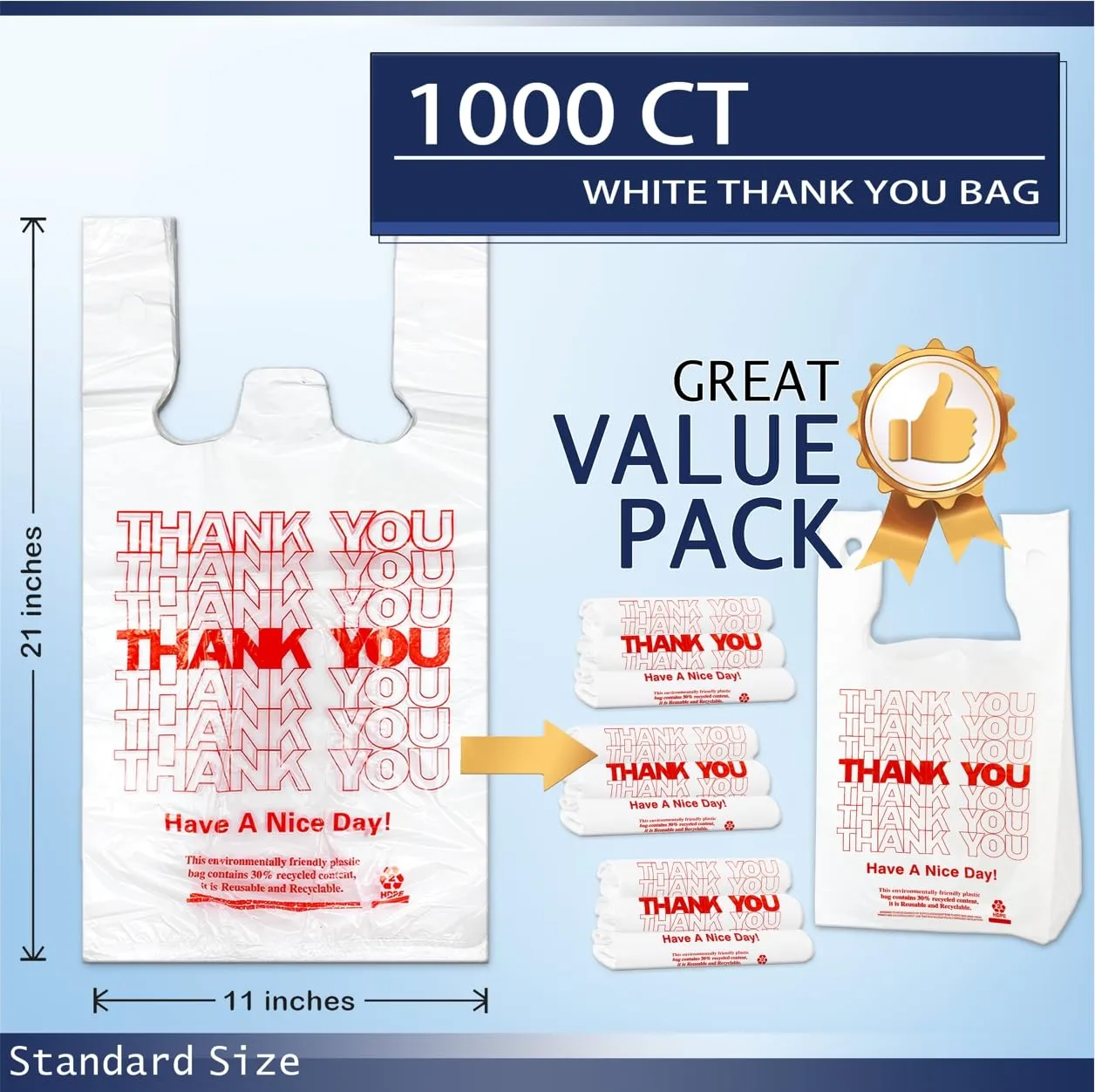 1000 Count White Disposable Thank You Bags with Handles - 11''x6''x21'' Plastic Carry Bags for Retail/Supermarket