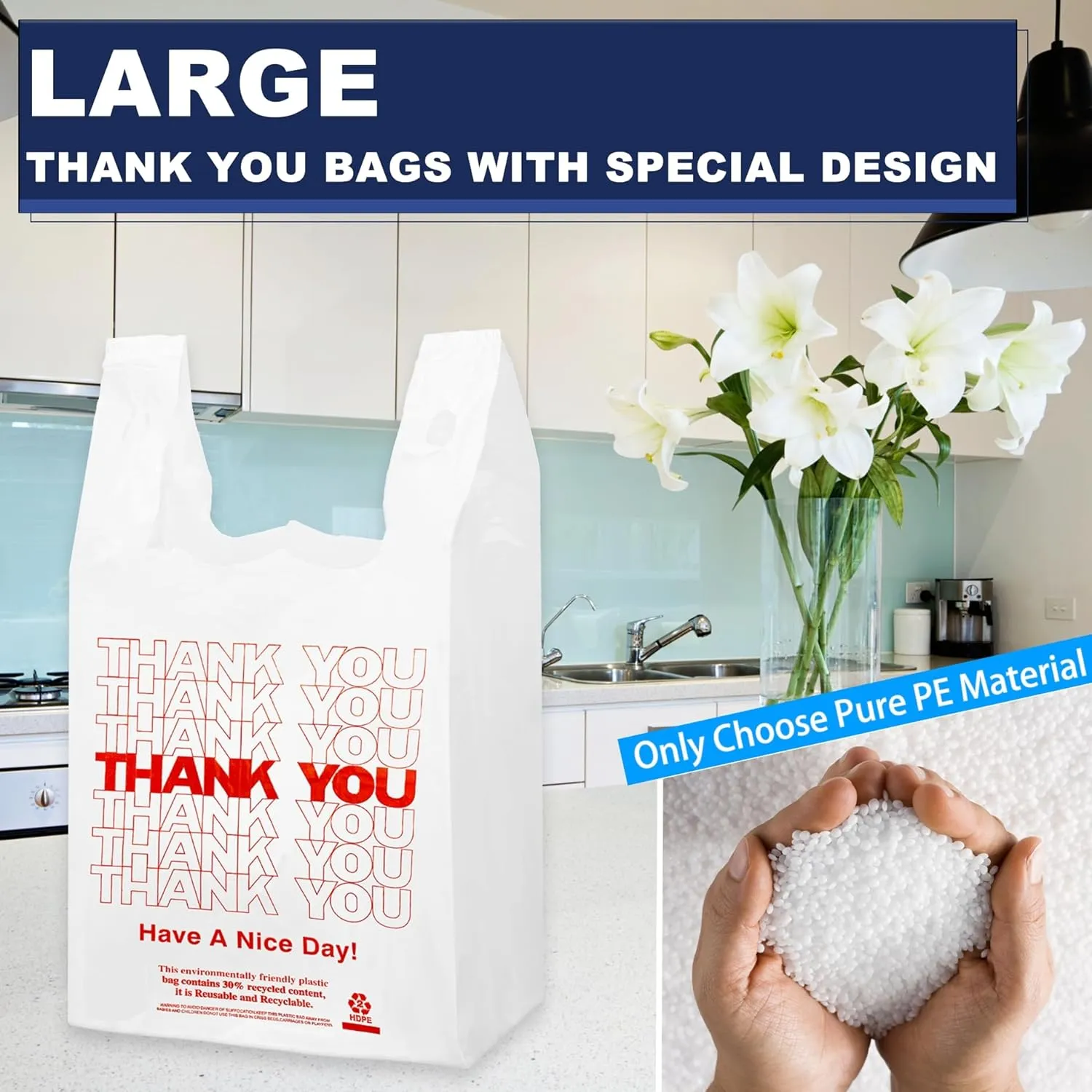 1000 Count White Disposable Thank You Bags with Handles - 11''x6''x21'' Plastic Carry Bags for Retail/Supermarket