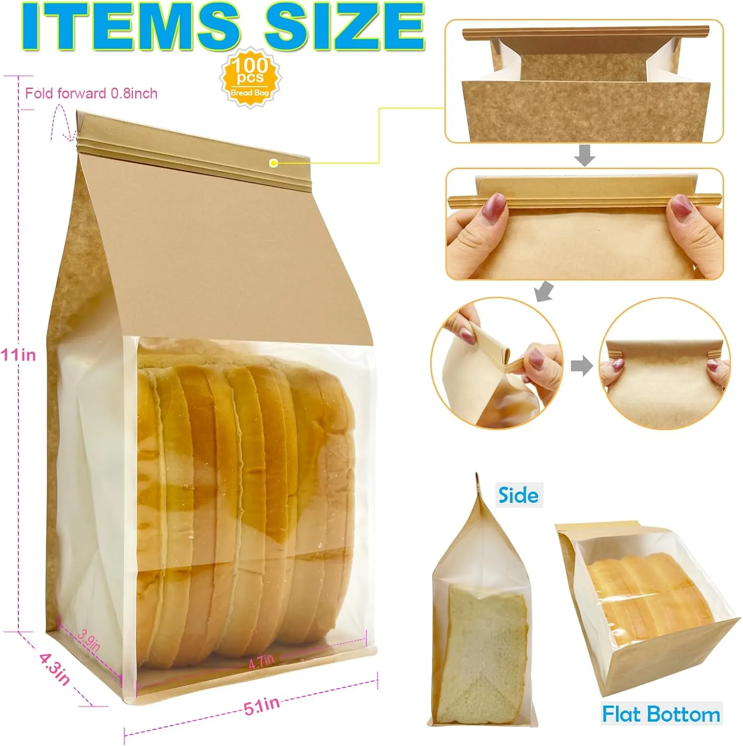 100ct 5.1x4.3x11inch Thicker Paper Bread Bags for Homemade with Window & Tin Tie Tab Lock - Ideal for Sourdough Bread, Bakery, Baked Goods, Pastry & Cookie Packaging, Brown Kraft, Gift Giving