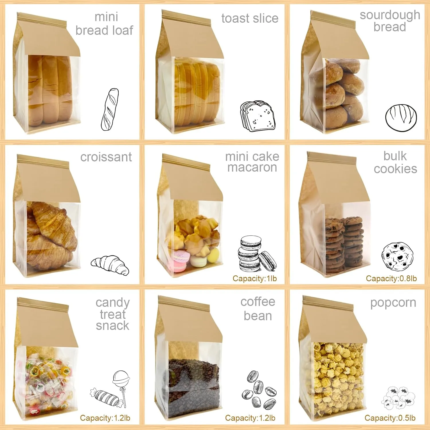 100ct 5.1x4.3x11inch Thicker Paper Bread Bags for Homemade with Window & Tin Tie Tab Lock - Ideal for Sourdough Bread, Bakery, Baked Goods, Pastry & Cookie Packaging, Brown Kraft, Gift Giving
