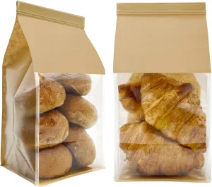 100ct 5.1x4.3x11inch Thicker Paper Bread Bags for Homemade with Window & Tin Tie Tab Lock - Ideal for Sourdough Bread, Bakery, Baked Goods, Pastry & Cookie Packaging, Brown Kraft, Gift Giving