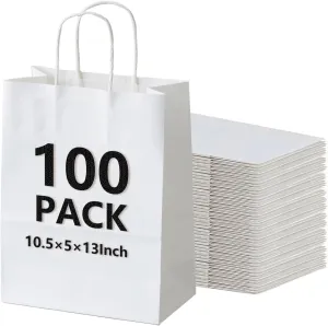 100Pcs 40 LB White Paper Gift Bags Bulk with Handles 10 x 5 x 13 Inch, Medium Size Kraft Goodie Bag, Blank Paper Bags for Shopping Retail, Birthdays, To Go, Small Business, Weddings, Parties, Lunch