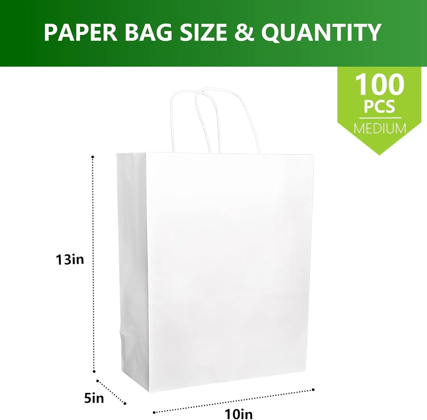100Pcs 40 LB White Paper Gift Bags Bulk with Handles 10 x 5 x 13 Inch, Medium Size Kraft Goodie Bag, Blank Paper Bags for Shopping Retail, Birthdays, To Go, Small Business, Weddings, Parties, Lunch