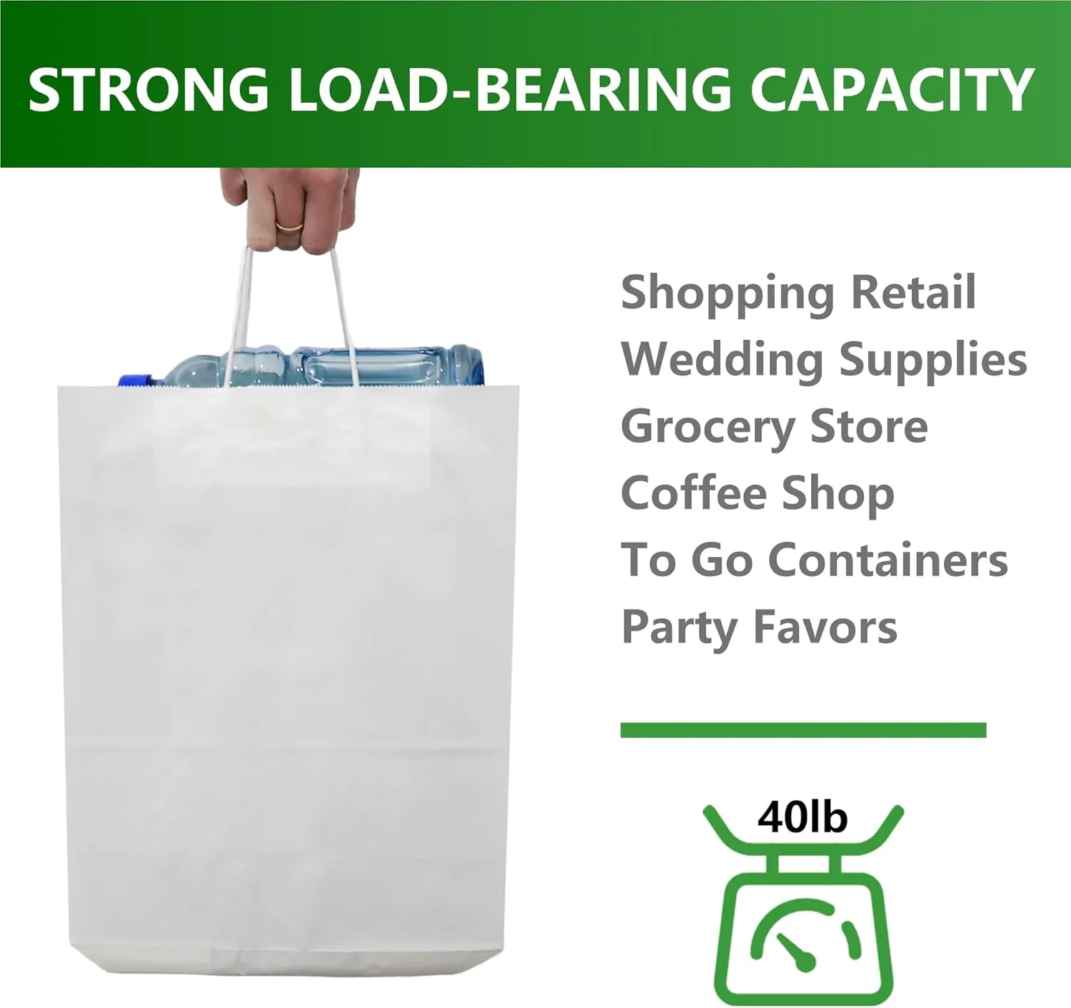 100Pcs 40 LB White Paper Gift Bags Bulk with Handles 10 x 5 x 13 Inch, Medium Size Kraft Goodie Bag, Blank Paper Bags for Shopping Retail, Birthdays, To Go, Small Business, Weddings, Parties, Lunch