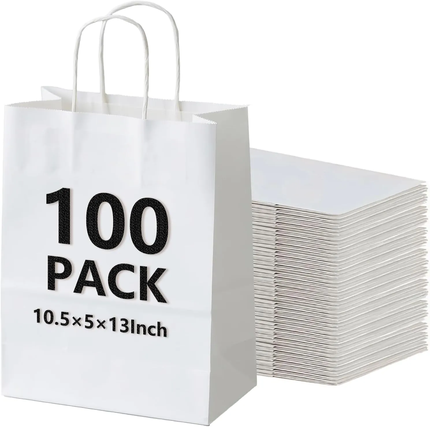 100Pcs 40 LB White Paper Gift Bags Bulk with Handles 10 x 5 x 13 Inch, Medium Size Kraft Goodie Bag, Blank Paper Bags for Shopping Retail, Birthdays, To Go, Small Business, Weddings, Parties, Lunch