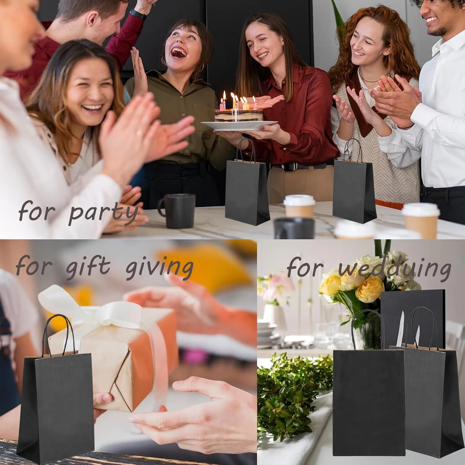 100Pcs Gift Bags Small 5.25x3.25x8 Inches Black Paper Bags With Handles Kraft Bag Bulk For Business, Shopping, Party Favor, Wedding, Birthday, Mother's Day, Easter, Graduation