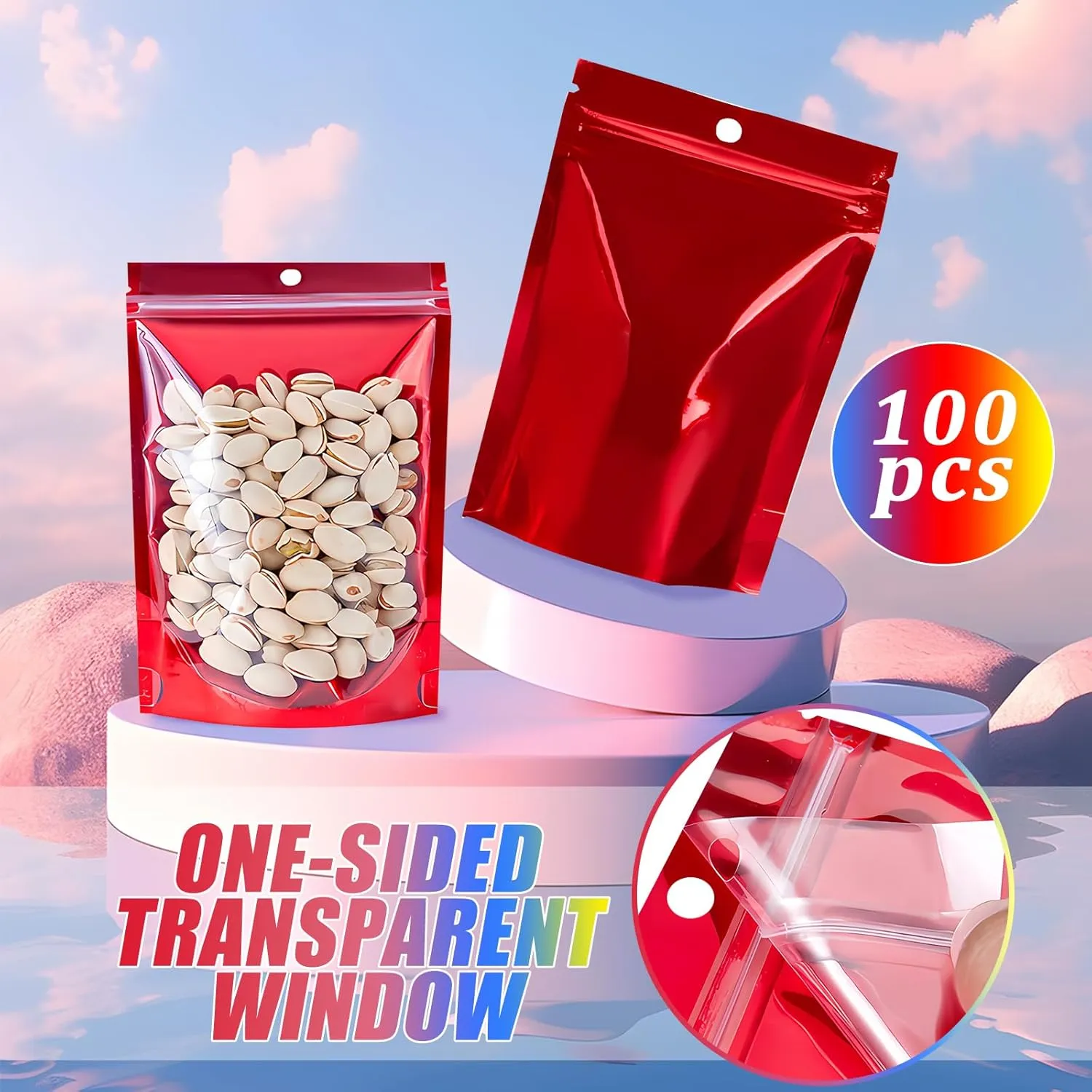 100PCS Mylar Bags for Food Storage，Resealable Bags for Small Business with Clear Windonw,4x6 inch Smell Proof Bags Stand Up Zip Lock Pouches Aluminum Foil Sealable Bag for Packaging Cookie,Snack