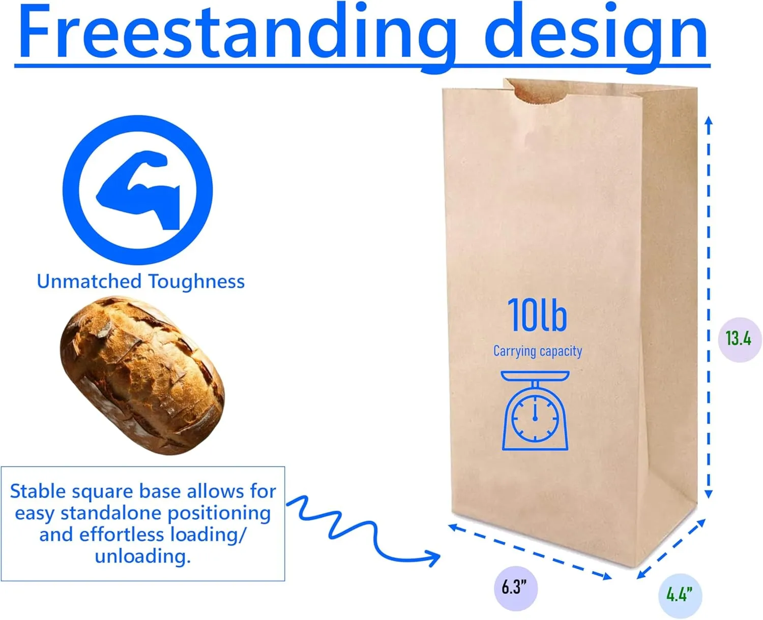 10LB Brown Kraft Paper Bags - Pack of 100, Regular Size, Great for Takeout Orders, Lunch Bags (6.3" X 4.4" X 13.4") - Durable, Reusable, Recyclable & Biodegradable, Ideal for Cafes and Delis