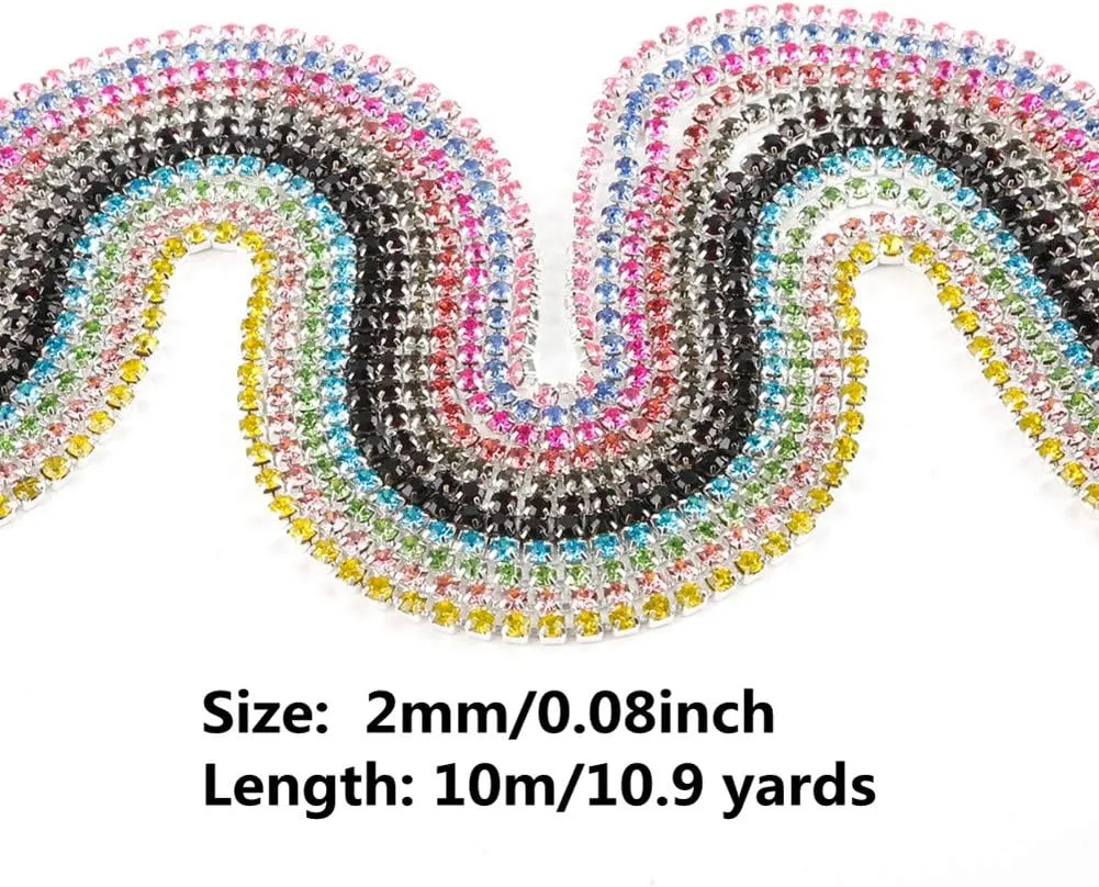10M 2MM Shining Fashion Crystal Rhinestone Chain Sew on Silver Base Dense Claw Glass Rhinestone Trim Accessories for DIY Wedding Dresses Garment Hat Arts Crafts Event Decorations (White)
