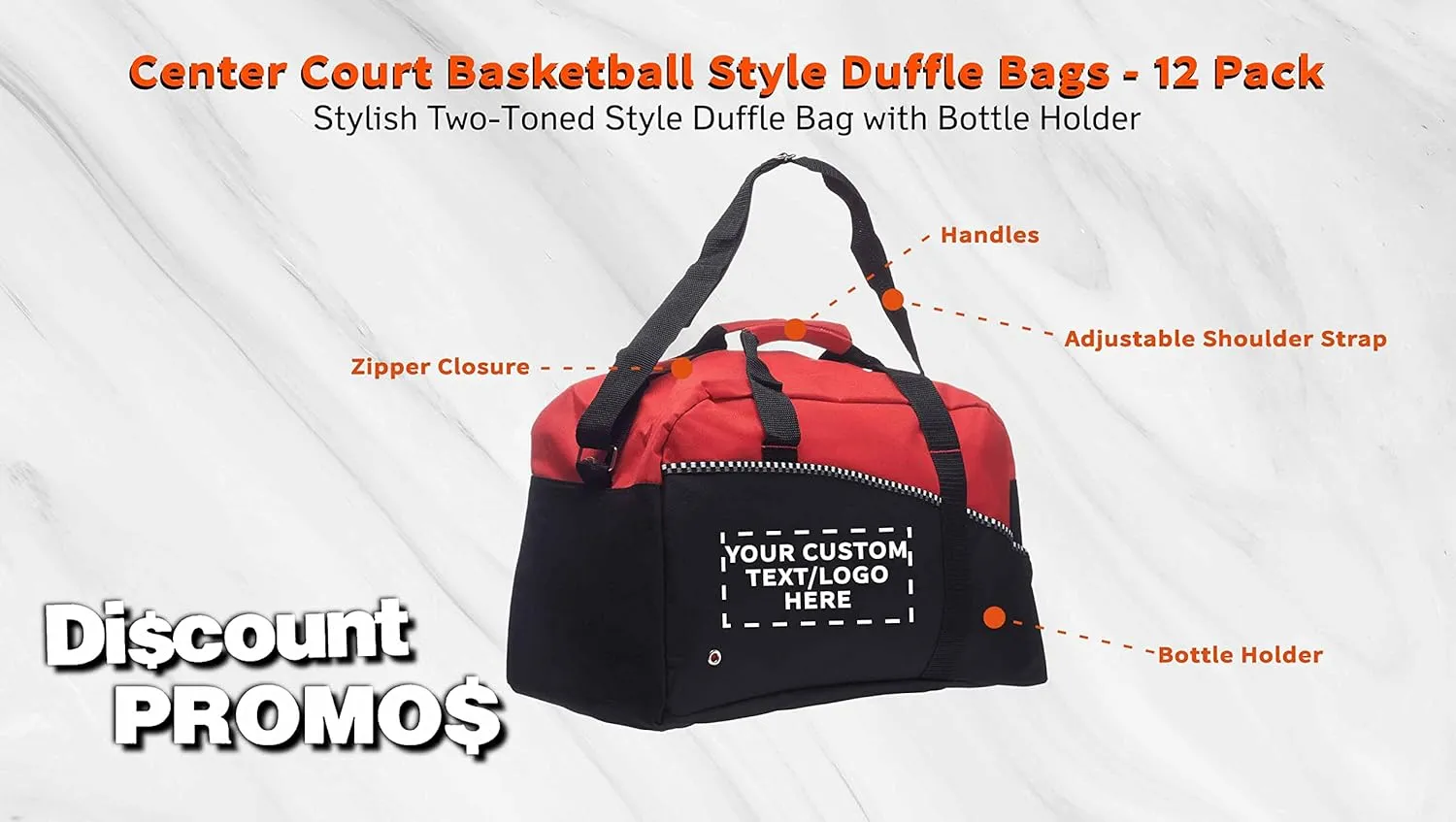 12 Center Court Duffel Bags Set - Customizable Text, Logo - Polyester, Zippered, Front Pocket, Adjustable Strap - Red