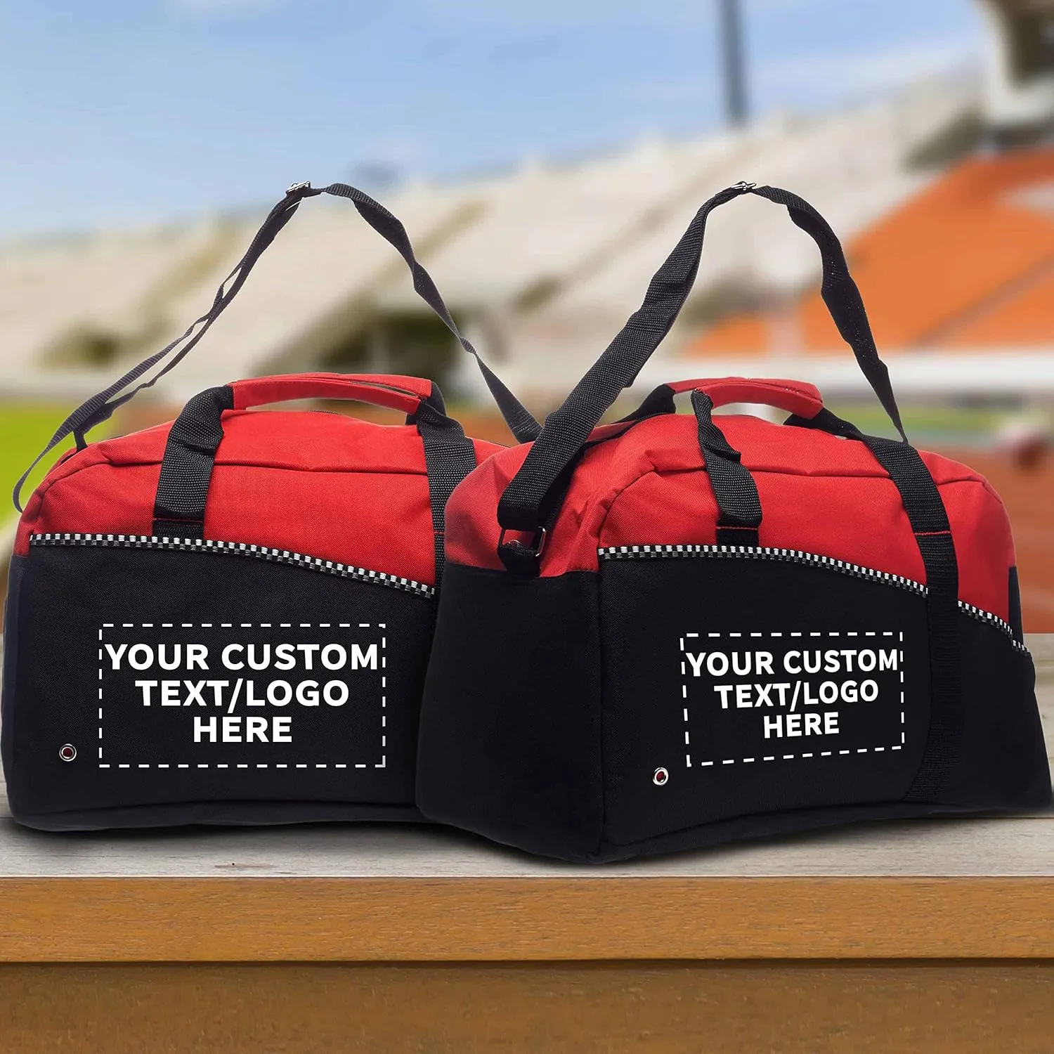 12 Center Court Duffel Bags Set - Customizable Text, Logo - Polyester, Zippered, Front Pocket, Adjustable Strap - Red