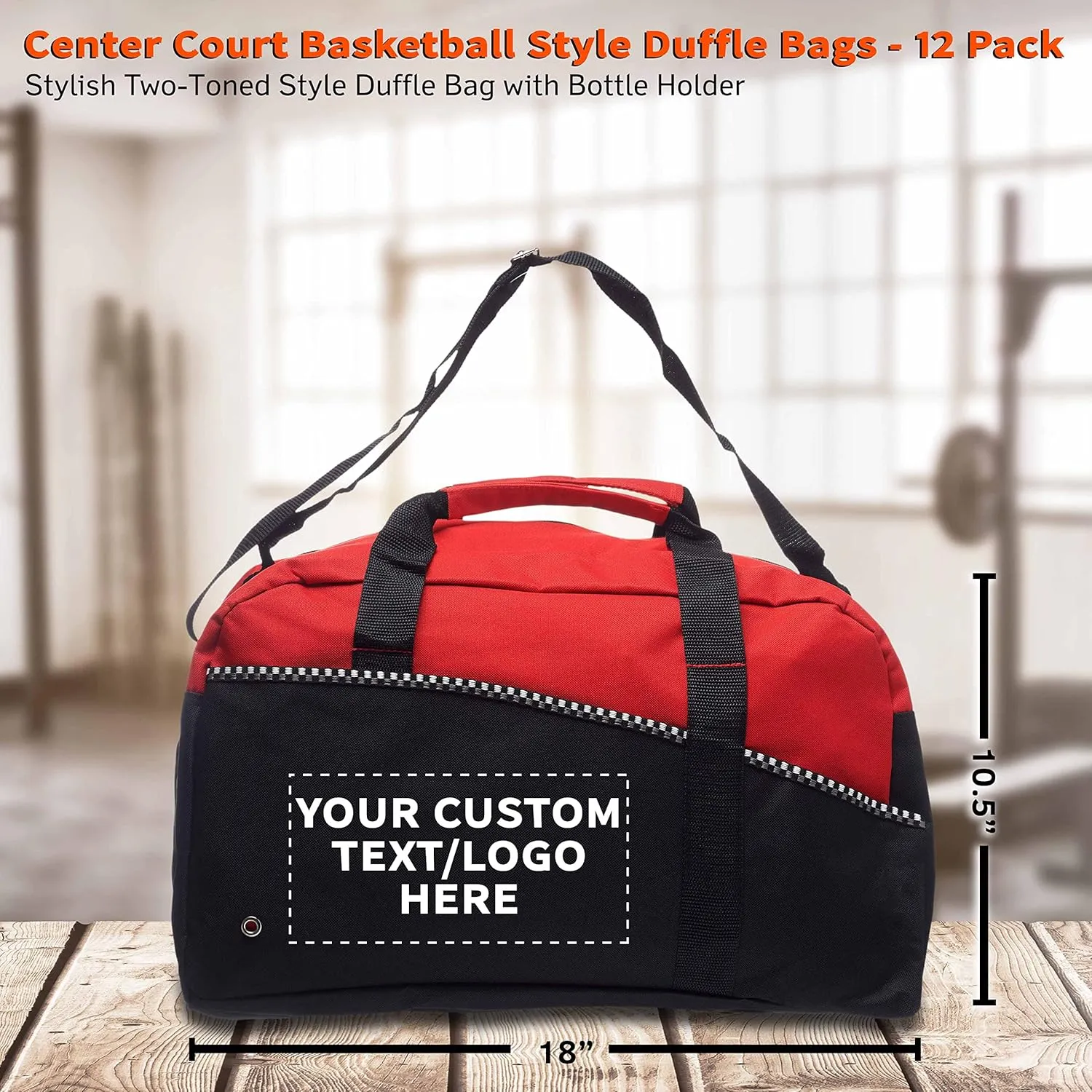 12 Center Court Duffel Bags Set - Customizable Text, Logo - Polyester, Zippered, Front Pocket, Adjustable Strap - Red