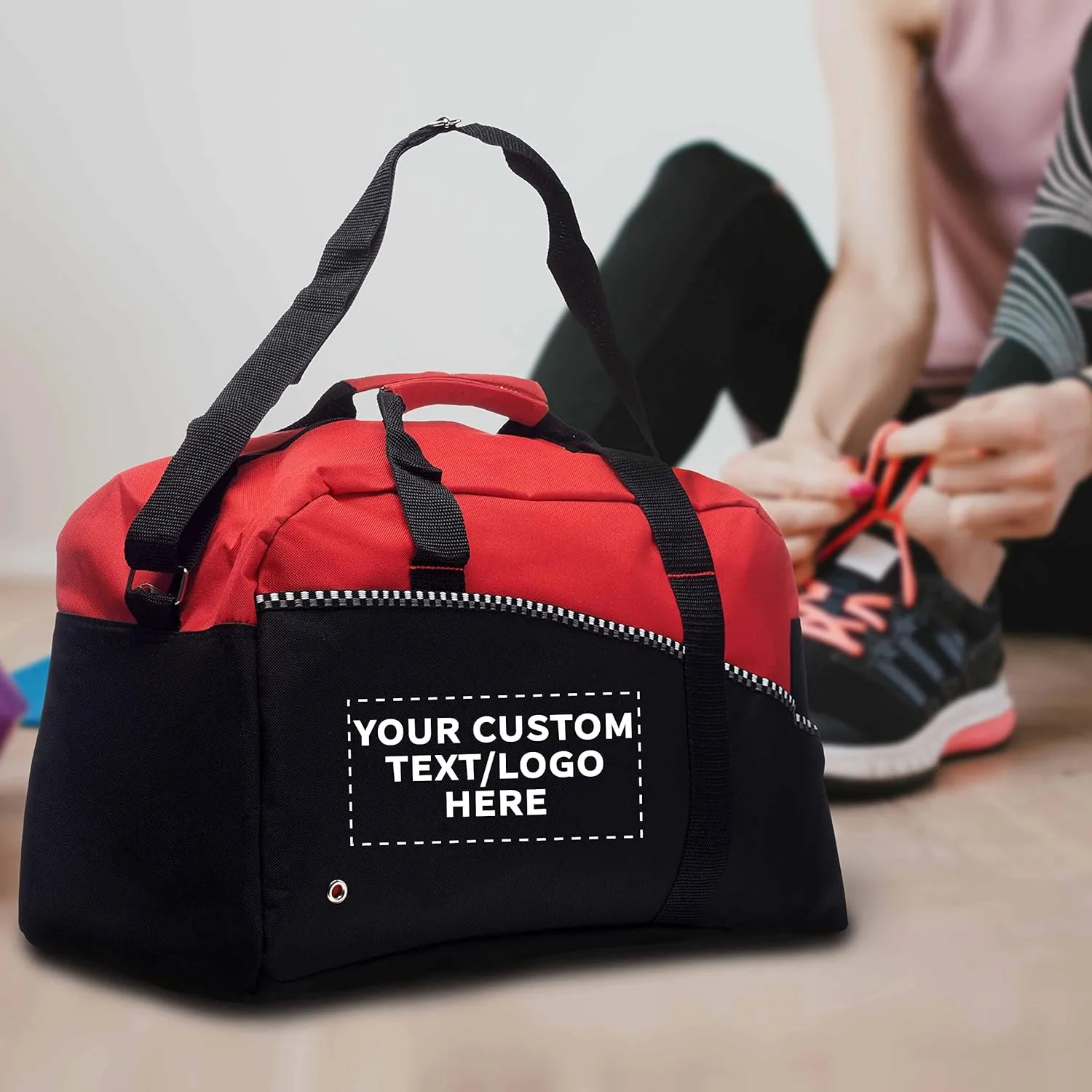 12 Center Court Duffel Bags Set - Customizable Text, Logo - Polyester, Zippered, Front Pocket, Adjustable Strap - Red