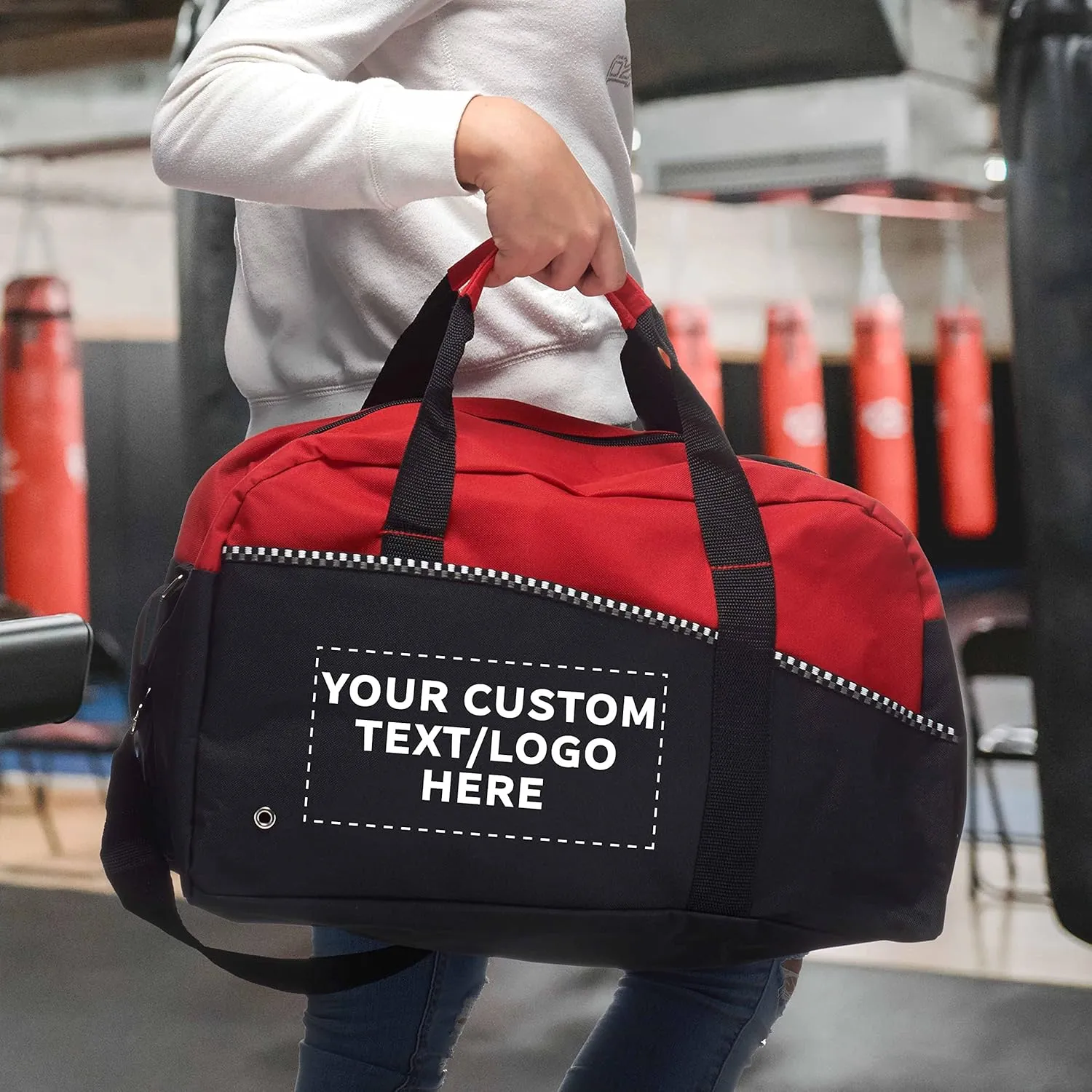 12 Center Court Duffel Bags Set - Customizable Text, Logo - Polyester, Zippered, Front Pocket, Adjustable Strap - Red