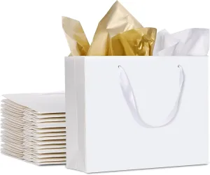 12 Pack Medium Gift Bags with Ribbon Handles & Tissue bags, White Gift Bags for Shopping, Small Business, Bridal Party, Wedding, Baby Shower, Bridal Party, Christmas and Holiday (10.6” x3.1” x8.3”)