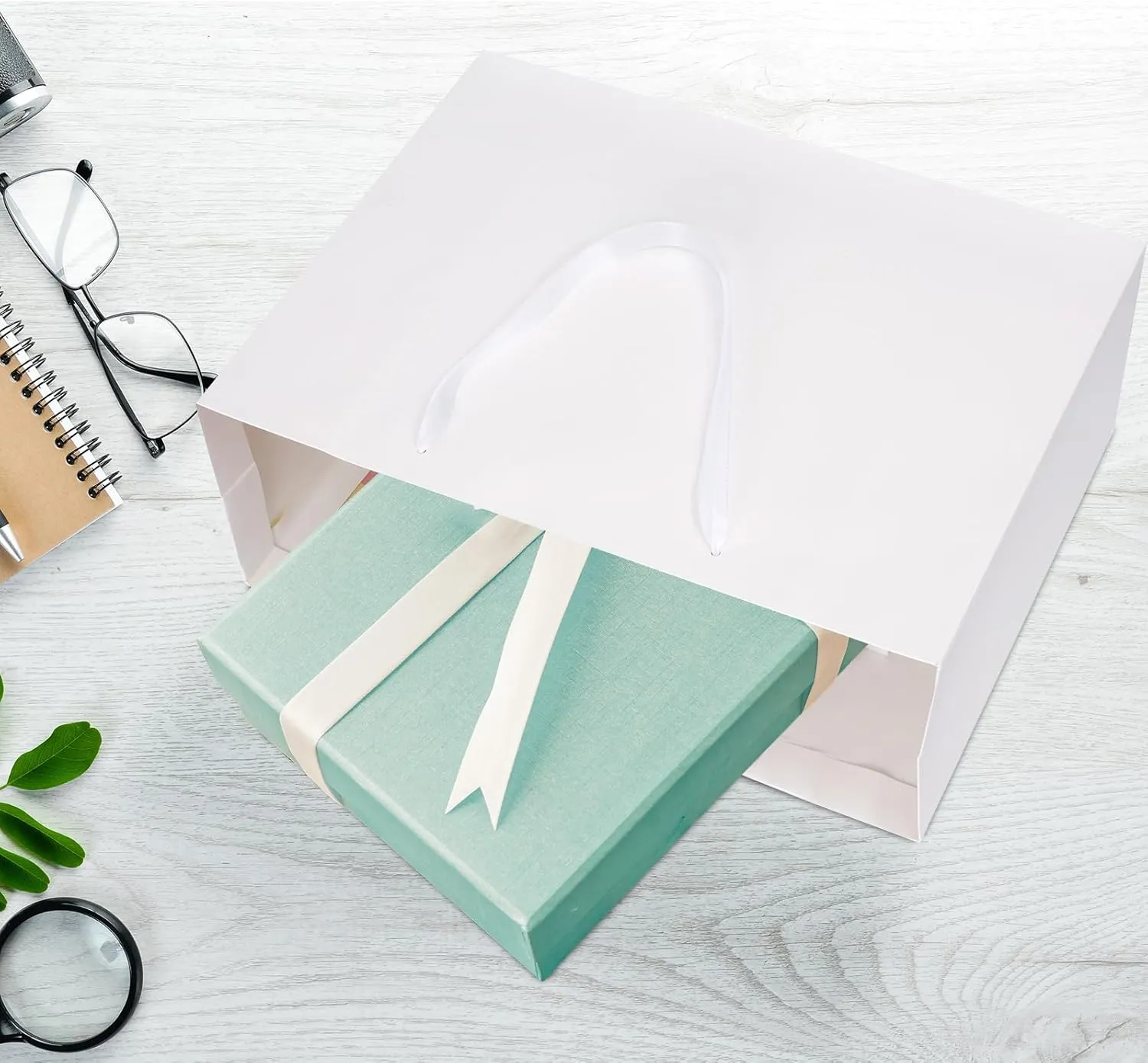 12 Pack Medium Gift Bags with Ribbon Handles & Tissue bags, White Gift Bags for Shopping, Small Business, Bridal Party, Wedding, Baby Shower, Bridal Party, Christmas and Holiday (10.6” x3.1” x8.3”)