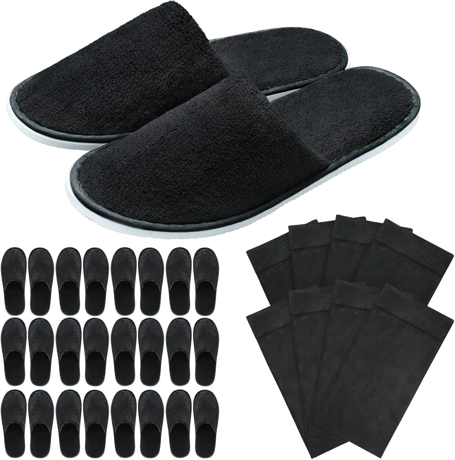 12 Pairs Black Travel Velvet Slippers with 12 Pieces Black Travel Bags Spa Cotton Closed Toe Slippers Thick Comfortable Non Slip Disposable Slipper for Home Hotel Commercial Use, One Size Fits Most