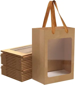 12 Pcs Brown Paper Gift Bags with Transparent Window, 9.84"x7.0"x5.12" Kraft Shopping Bags with Handles for Present, Festivals Party