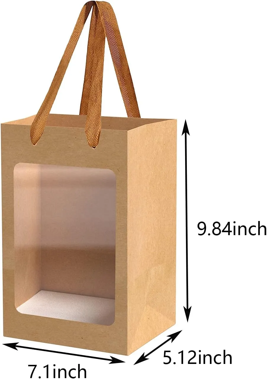 12 Pcs Brown Paper Gift Bags with Transparent Window, 9.84"x7.0"x5.12" Kraft Shopping Bags with Handles for Present, Festivals Party