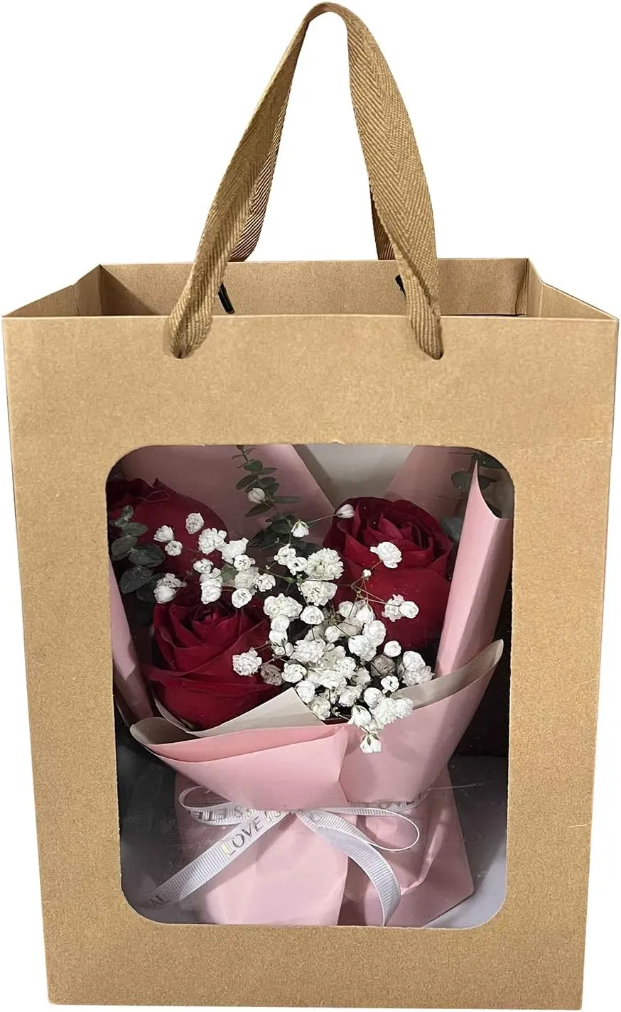 12 Pcs Brown Paper Gift Bags with Transparent Window, 9.84"x7.0"x5.12" Kraft Shopping Bags with Handles for Present, Festivals Party