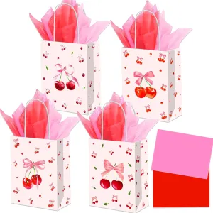 12 PCS Cherry Party Favor Gift Bags with Handles Shes Cherry On the Top Party Treat Candy Bag Boxes Coquette Bows Themed for Bridal Baby Shower Birthday