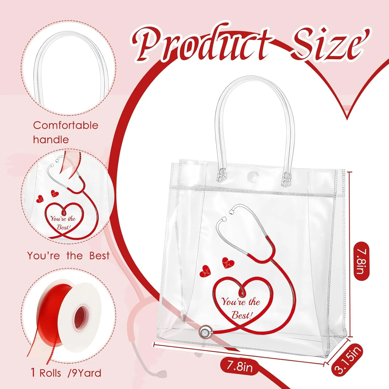 12 Pcs Nurse Week Gift Bags Bulk 7.8×7.8×3.15 in PVC Thank You Nurse Appreciation Gift Bags with Handle 2025 Nursing Gifts Bag Wedding for RN CNA Graduation Doctor Medical Hospital Party Supplies