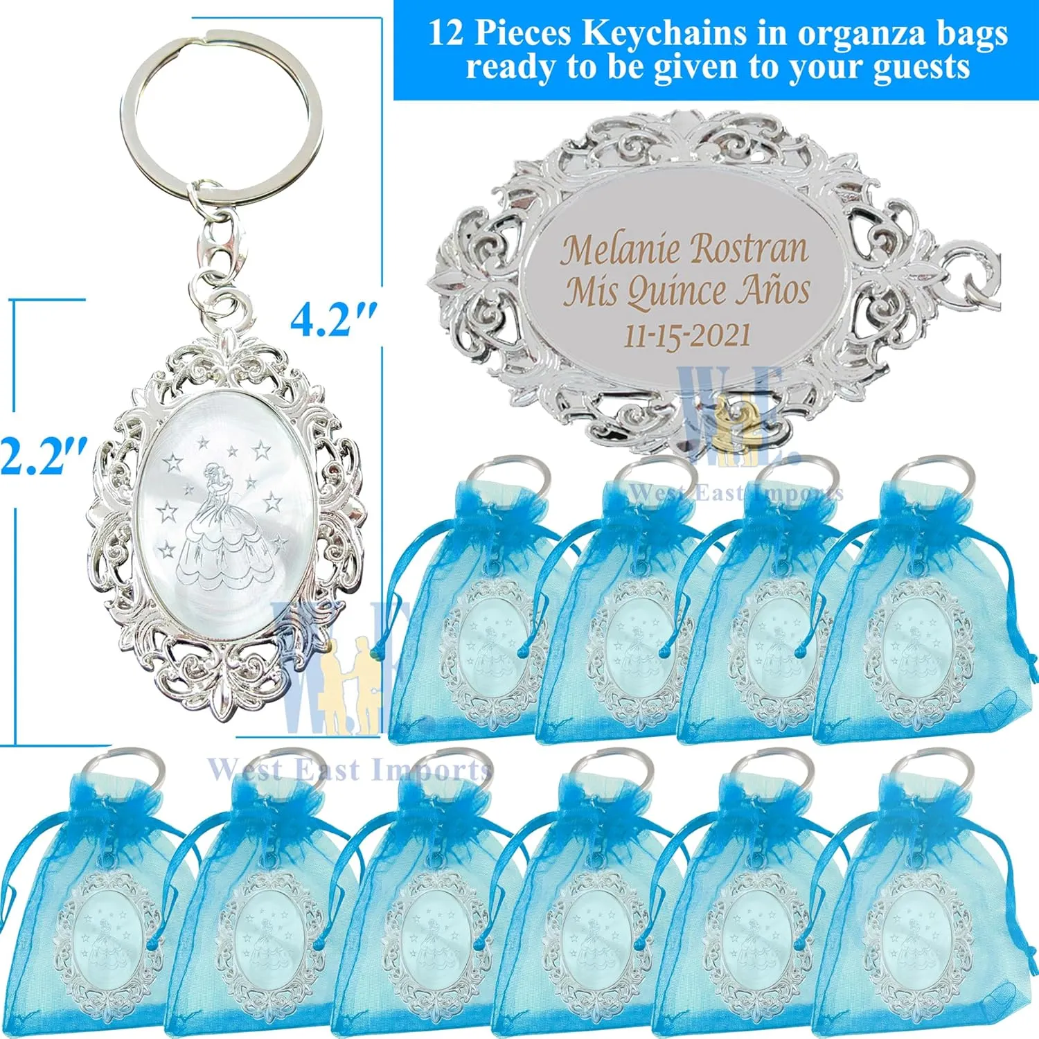 12 PCS Personalized Quinceañera Sweet 16 Mis XV 18 Birthday Favor (Turquoise Bags)